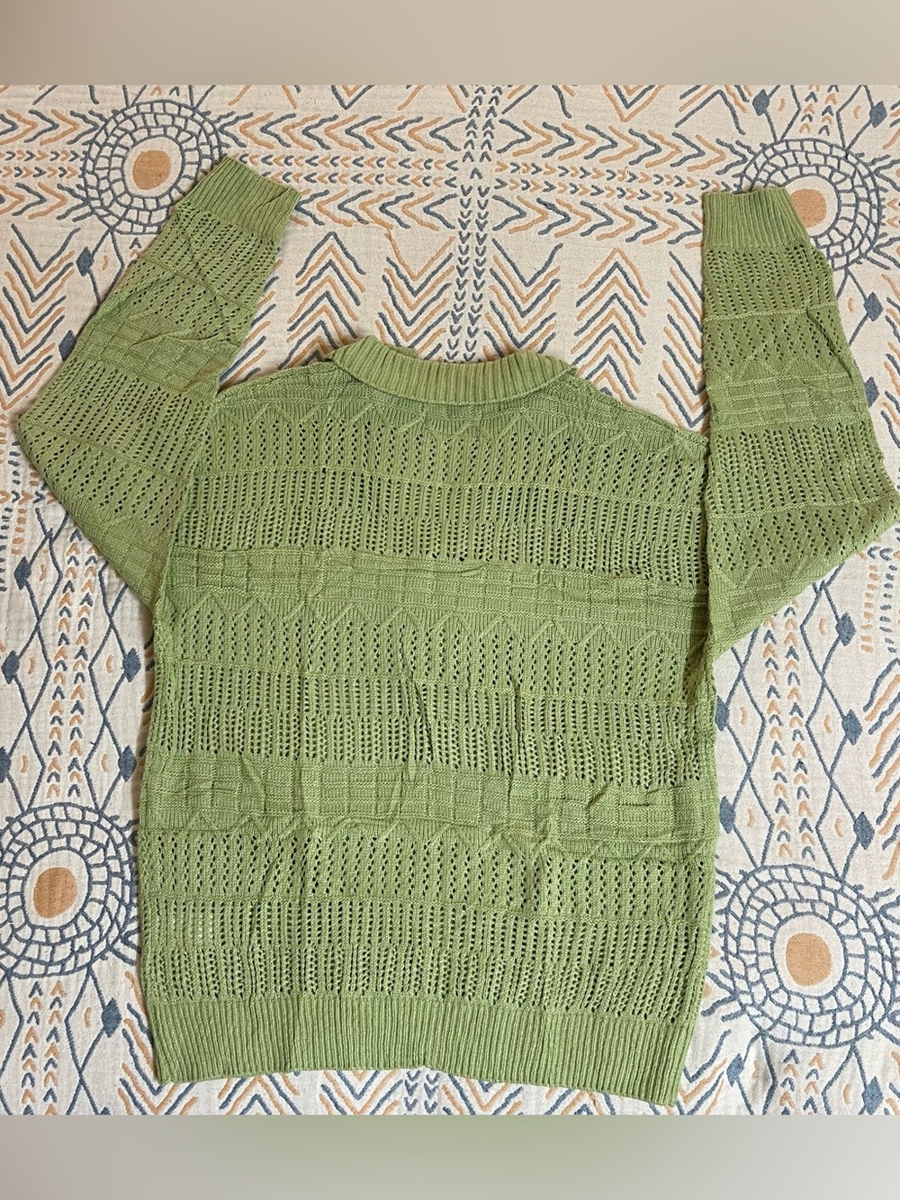 Men's V-Neck Openwork Sweater in Light Olive - Picture 2 of 7